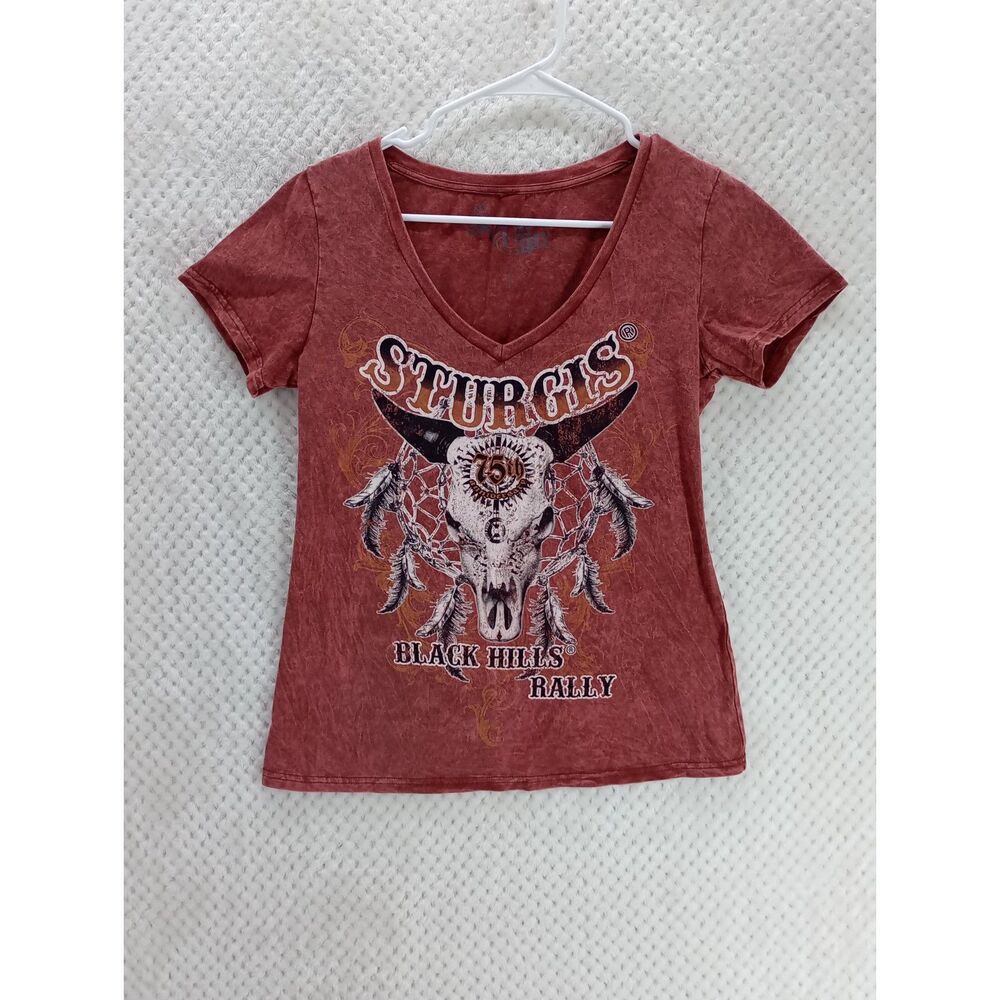 Sturgis 75th Black Hills Rally Women's Large Burgundy V Neck Graphic Print Tee